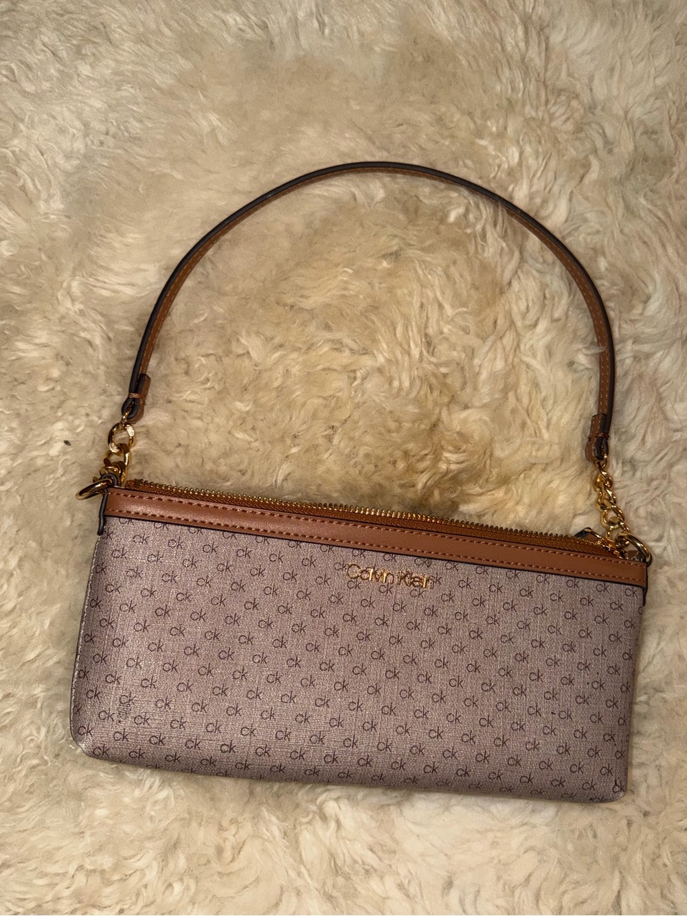 Calvin Klein Beige Signature Logo Wristlet with Tan Trim